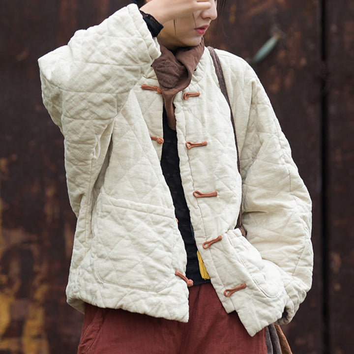 Buddha Stones冬用 カエルボタンライン オープンフロント コットン 長袖 レディース サーマルジャケット ポケット付き - image 3