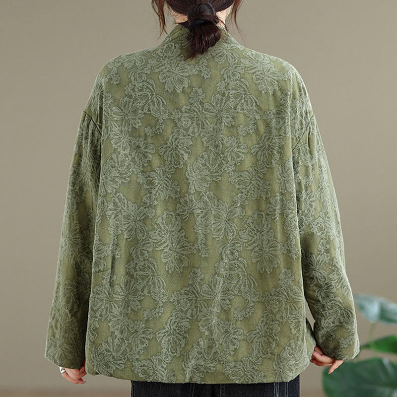 Buddha Stones冬用 Vネック ジャカード フロッグボタン コットン 長袖 レディース サーマルジャケット ポケット付き - image 3