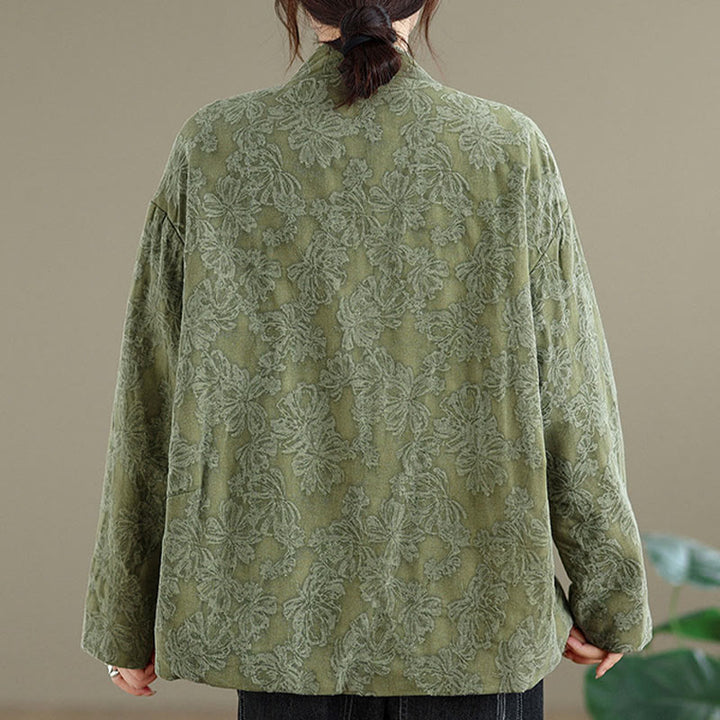 Buddha Stones冬用 Vネック ジャカード フロッグボタン コットン 長袖 レディース サーマルジャケット ポケット付き - image 3