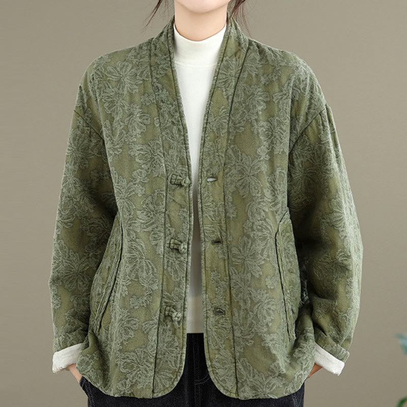 Buddha Stones冬用 Vネック ジャカード フロッグボタン コットン 長袖 レディース サーマルジャケット ポケット付き - image 2