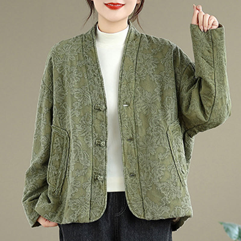 Buddha Stones冬用 Vネック ジャカード フロッグボタン コットン 長袖 レディース サーマルジャケット ポケット付き - image 5