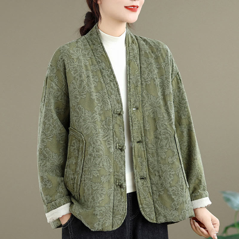 Buddha Stones冬用 Vネック ジャカード フロッグボタン コットン 長袖 レディース サーマルジャケット ポケット付き - image 1