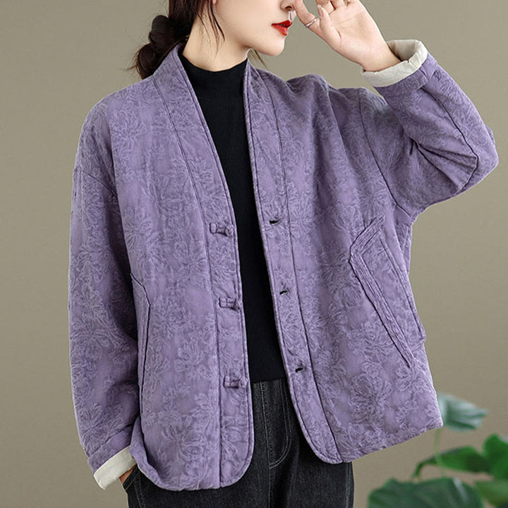 Buddha Stones冬用 Vネック ジャカード フロッグボタン コットン 長袖 レディース サーマルジャケット ポケット付き - image 24