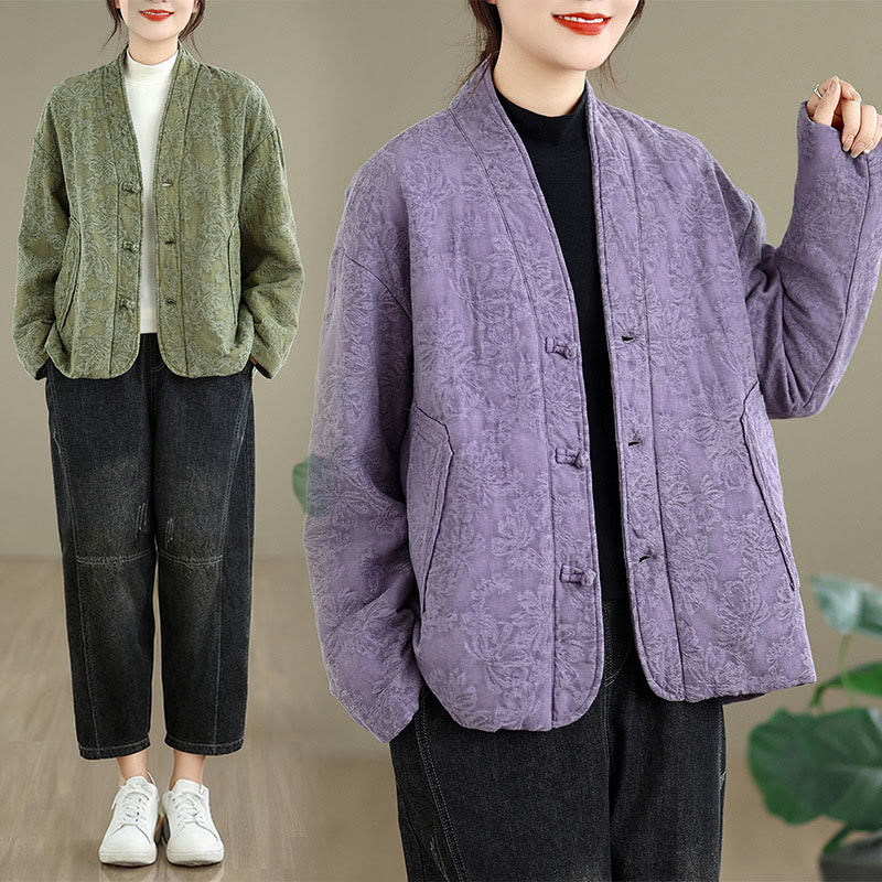 Buddha Stones冬用 Vネック ジャカード フロッグボタン コットン 長袖 レディース サーマルジャケット ポケット付き - image 25