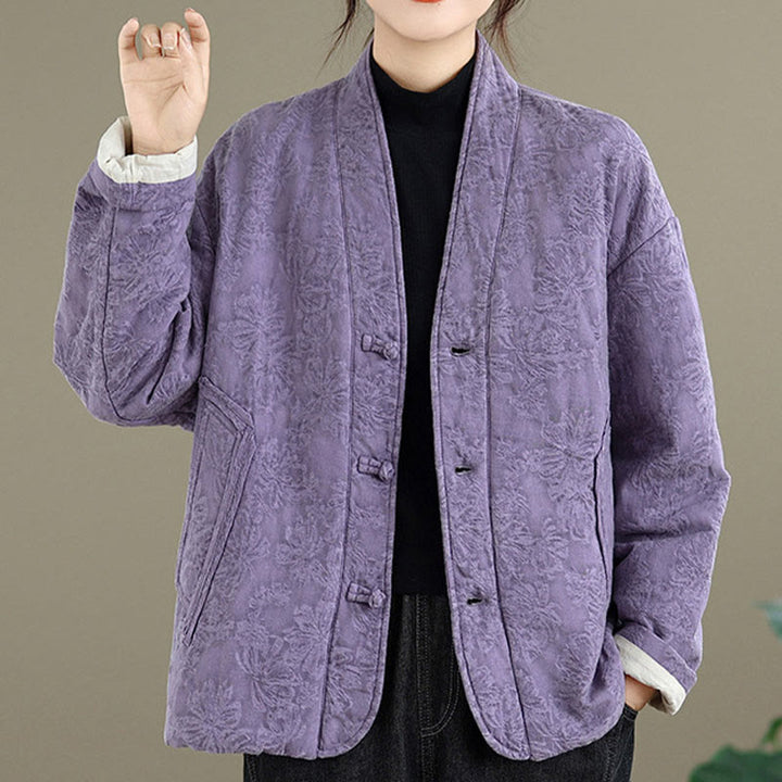 Buddha Stones冬用 Vネック ジャカード フロッグボタン コットン 長袖 レディース サーマルジャケット ポケット付き - image 23