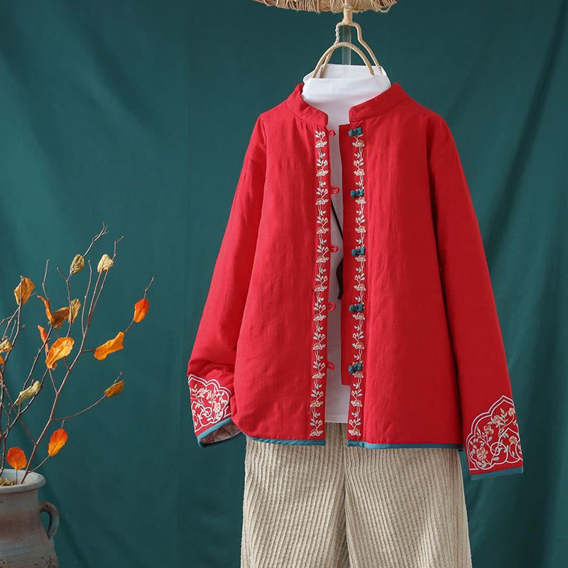 Buddha Stones冬用 カエルボタン刺繍 花 つる オープンフロント コットン 長袖 レディース サーマルジャケット - 赤 - US8-10，UK/AU12-14，EU40-42 (2XL) - image 18