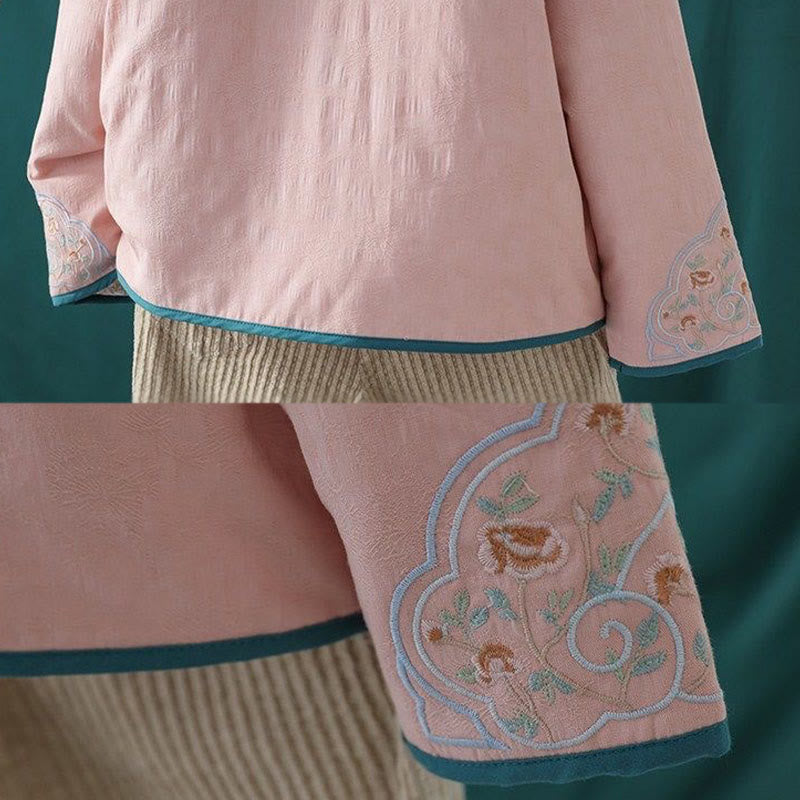 Buddha Stones冬用 カエルボタン刺繍 花 つる オープンフロント コットン 長袖 レディース サーマルジャケット - image 11