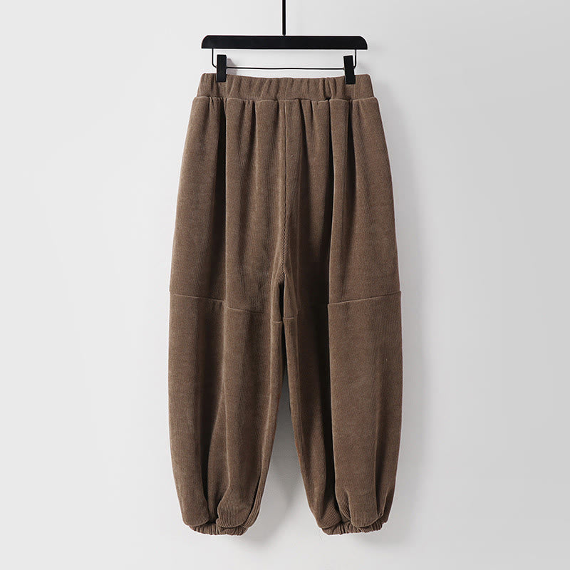 Buddha Stones冬用 無地 レースアップ メンズ ハーレム コットン コーデュロイ パンツ ポケット付き - image 1