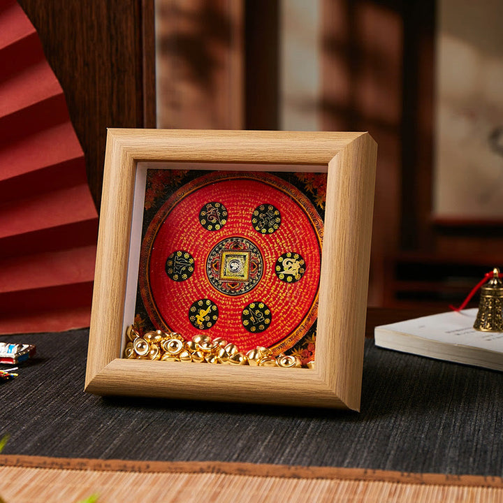 チベットのBuddha Stonesオーム・マニ・パドメ・フム黄金のインゴット タンカ フォトフレーム オーナメント ホームデコレーション - スタイル2 - 黄色中密度繊維板（10×10×4cm） - image 2