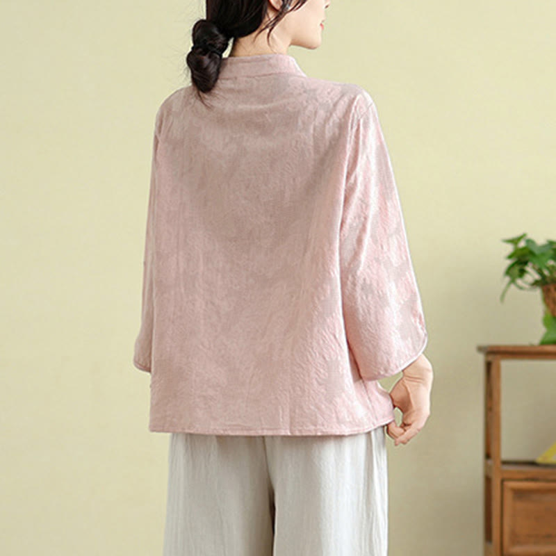 Buddha Stonesの花刺繍ジャカード七分袖フロッグボタンコットンレディースシャツ - image 18