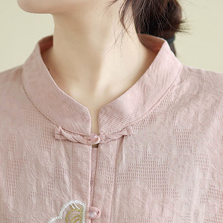 Buddha Stonesの花刺繍ジャカード七分袖フロッグボタンコットンレディースシャツ - image 22