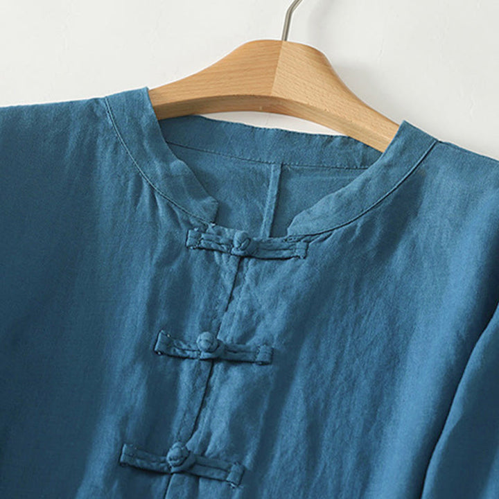 Buddha Stones秋冬 無地 フロッグボタン スタンドカラー 七分袖 ミドル丈 レディース コットンシャツ - image 9