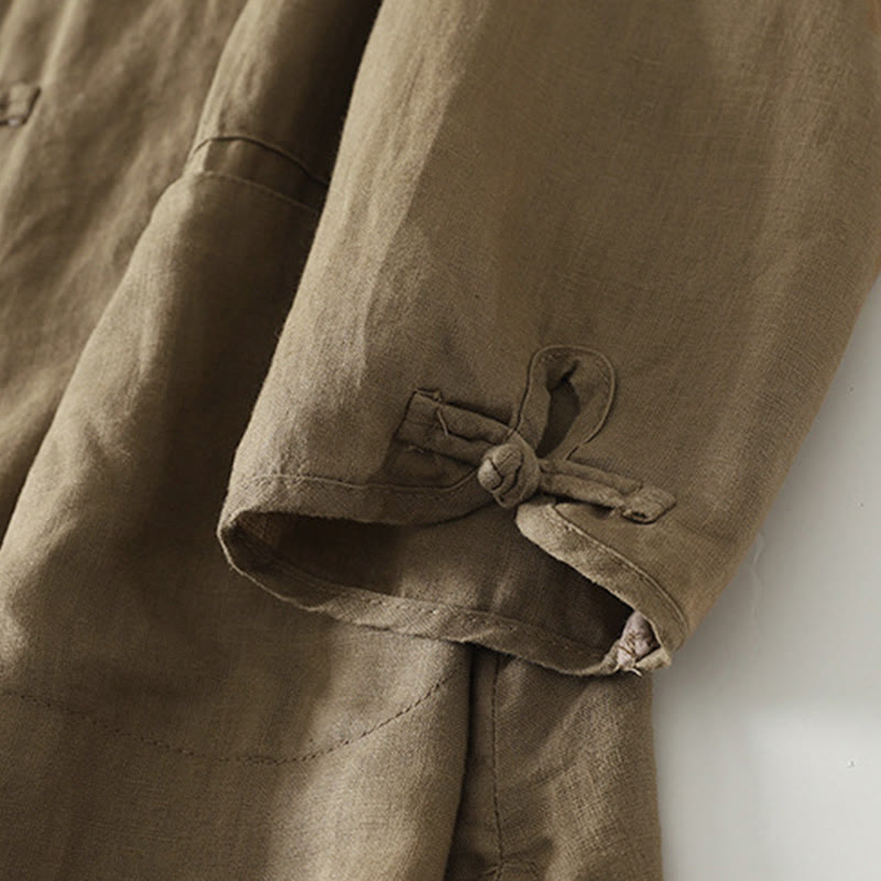 Buddha Stones秋冬 無地 フロッグボタン スタンドカラー 七分袖 ミドル丈 レディース コットンシャツ - image 6