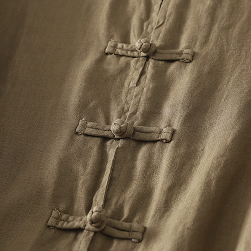 Buddha Stones秋冬 無地 フロッグボタン スタンドカラー 七分袖 ミドル丈 レディース コットンシャツ - image 4