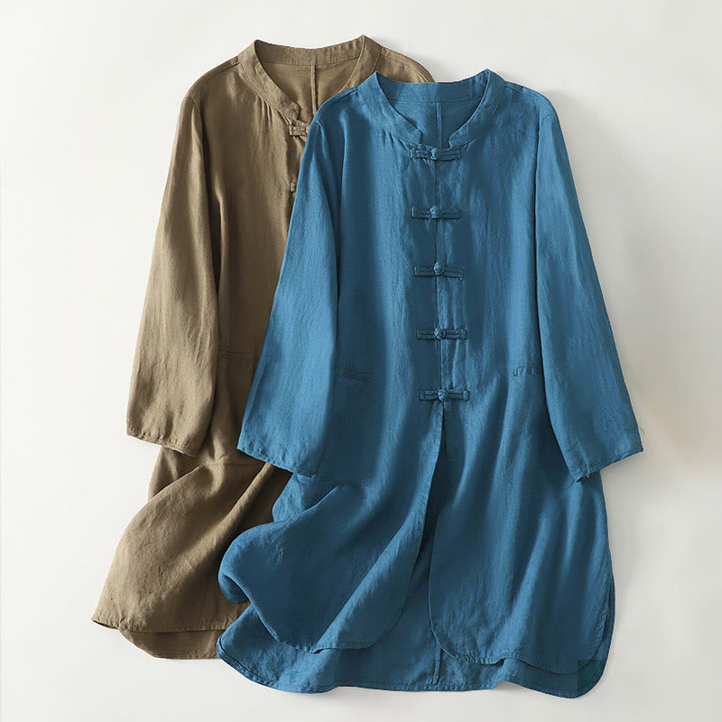 Buddha Stones秋冬 無地 フロッグボタン スタンドカラー 七分袖 ミドル丈 レディース コットンシャツ - image 0