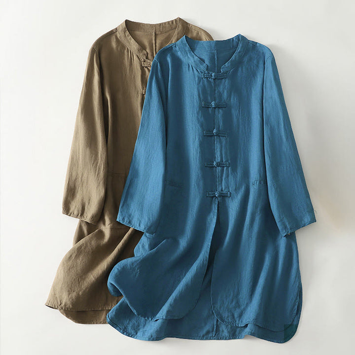 Buddha Stones秋冬 無地 フロッグボタン スタンドカラー 七分袖 ミドル丈 レディース コットンシャツ - image 0