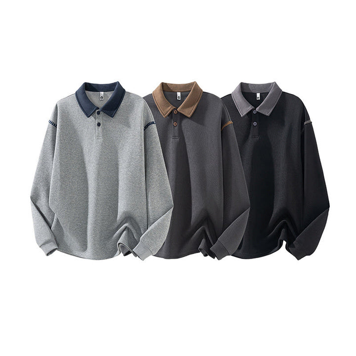 Buddha Stones秋冬ポロカラーボタンメンズスウェットシャツコットンプルオーバー - image 0