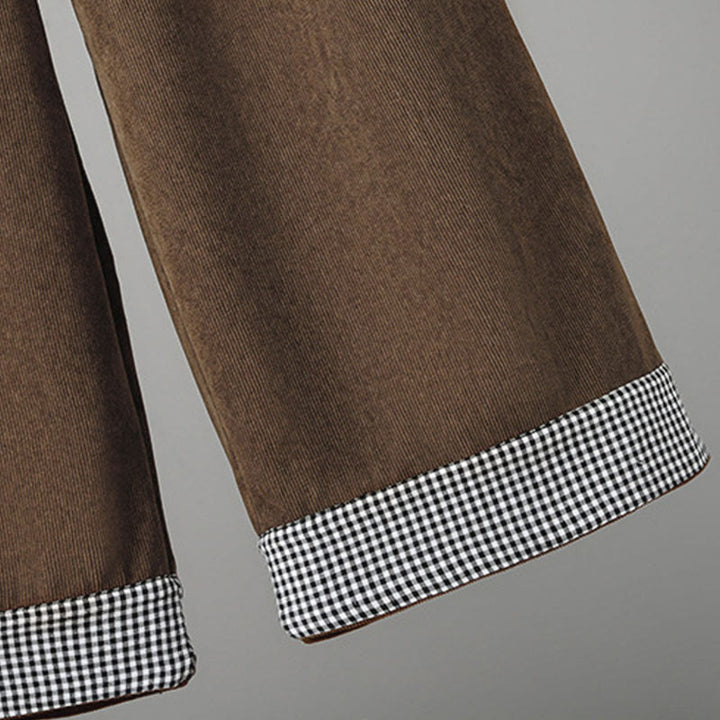 Buddha Stonesプレーン 伸縮性ウエスト パッチワーク チェック柄 レディース アンクル丈 ワイドレッグ コーデュロイパンツ - image 7