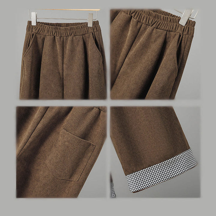 Buddha Stonesプレーン 伸縮性ウエスト パッチワーク チェック柄 レディース アンクル丈 ワイドレッグ コーデュロイパンツ - image 8