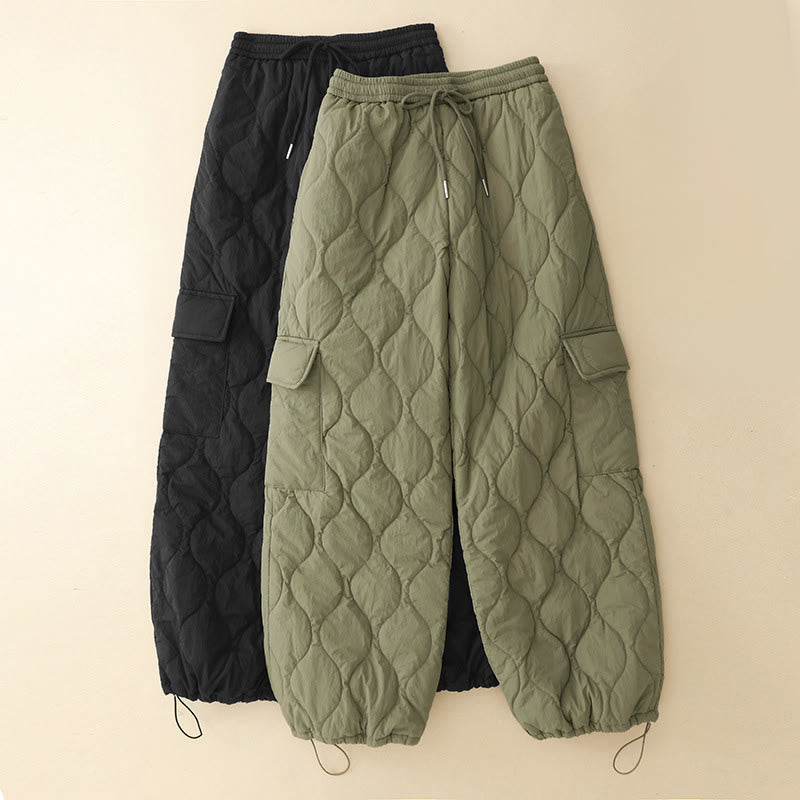 Buddha Stones冬用 カーブライン 伸縮性ウエスト ドローストリング コットン サーマル レディース パンツ ポケット付き - image 1