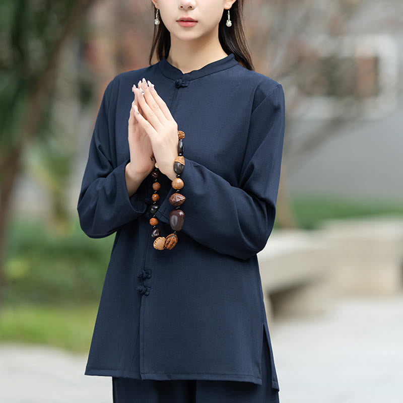 Buddha Stones 2点 中国風 カエルボタン 長袖 シャツ トップ パンツ 瞑想 禅 太極拳 コットン 衣類 レディース セット - image 6