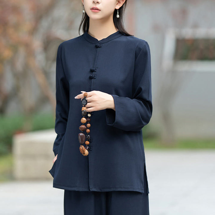 Buddha Stones 2点 中国風 カエルボタン 長袖 シャツ トップ パンツ 瞑想 禅 太極拳 コットン 衣類 レディース セット - image 5