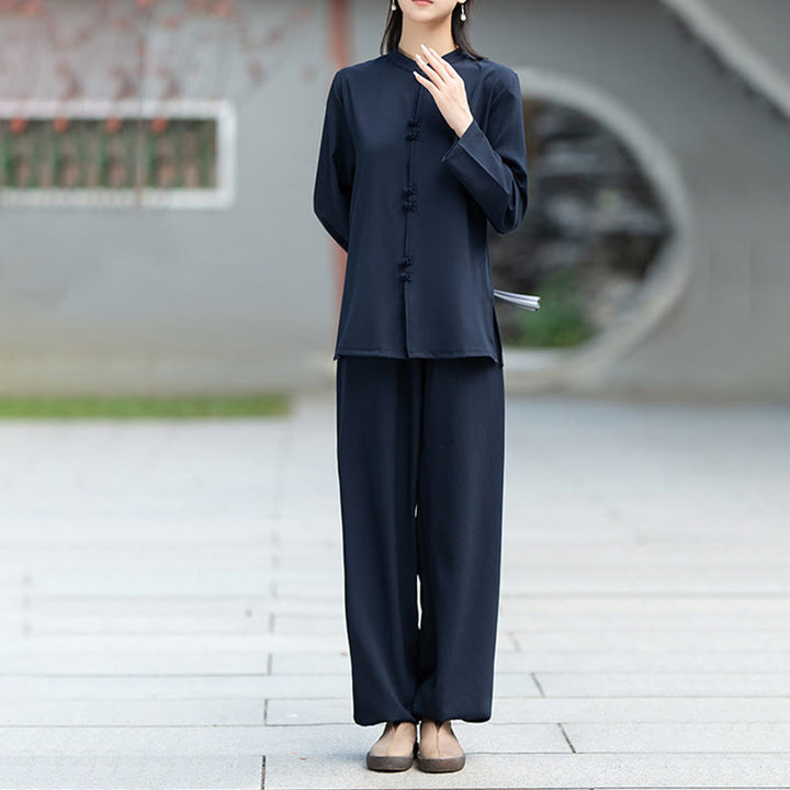 Buddha Stones 2点 中国風 カエルボタン 長袖 シャツ トップ パンツ 瞑想 禅 太極拳 コットン 衣類 レディース セット - image 3