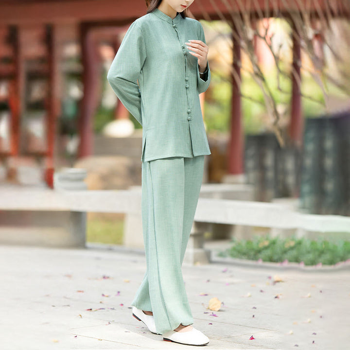 Buddha Stones 2点 中国風 カエルボタン 長袖 シャツ トップ パンツ 瞑想 禅 太極拳 コットン 衣類 レディース セット - image 12