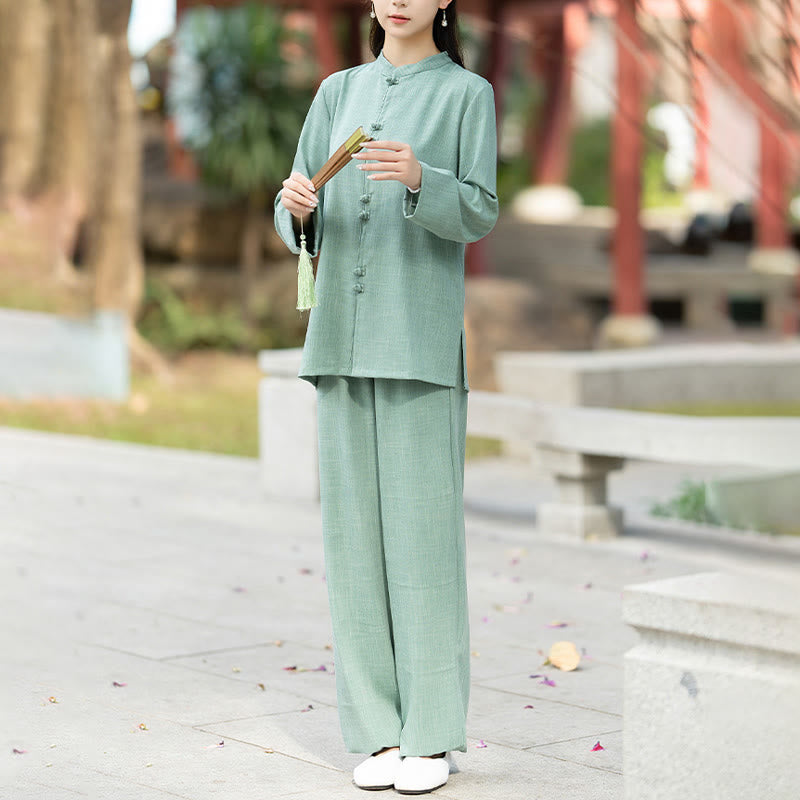 Buddha Stones 2点 中国風 カエルボタン 長袖 シャツ トップ パンツ 瞑想 禅 太極拳 コットン 衣類 レディース セット - image 13