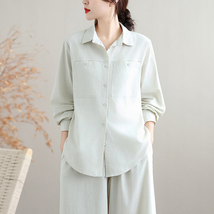 Buddha Stones 2点セット 秋 無地 コットン ボタンダウン 長袖シャツ 足首丈 ワイドレッグパンツ レディース ポケット付き - image 4