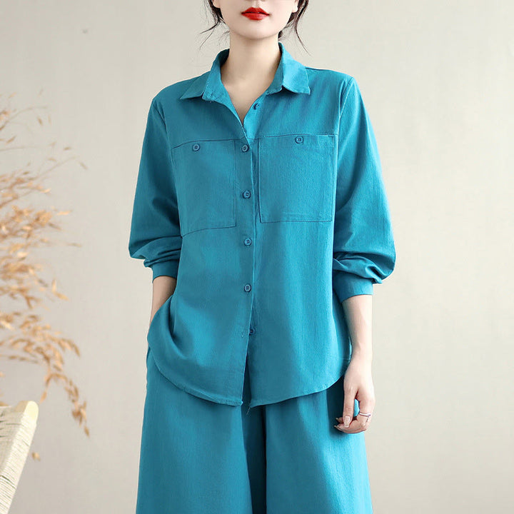 Buddha Stones 2点セット 秋 無地 コットン ボタンダウン 長袖シャツ 足首丈 ワイドレッグパンツ レディース ポケット付き - image 17