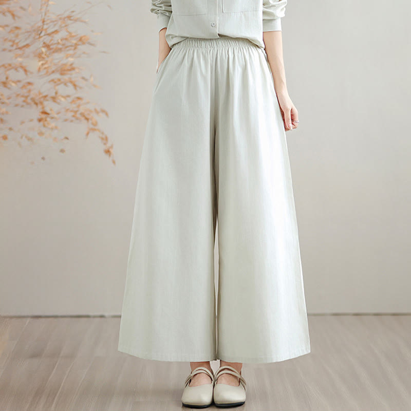 Buddha Stones 2点セット 秋 無地 コットン ボタンダウン 長袖シャツ 足首丈 ワイドレッグパンツ レディース ポケット付き - image 5