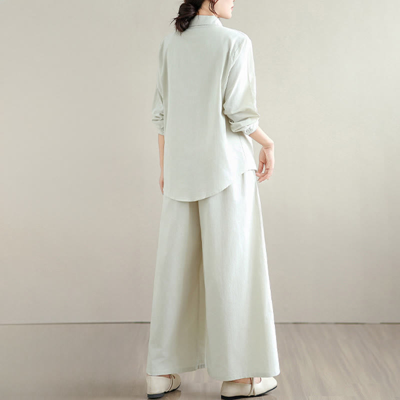 Buddha Stones 2点セット 秋 無地 コットン ボタンダウン 長袖シャツ 足首丈 ワイドレッグパンツ レディース ポケット付き - image 3