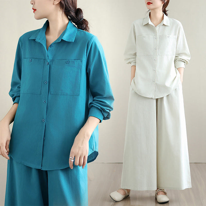 Buddha Stones 2点セット 秋 無地 コットン ボタンダウン 長袖シャツ 足首丈 ワイドレッグパンツ レディース ポケット付き - image 20