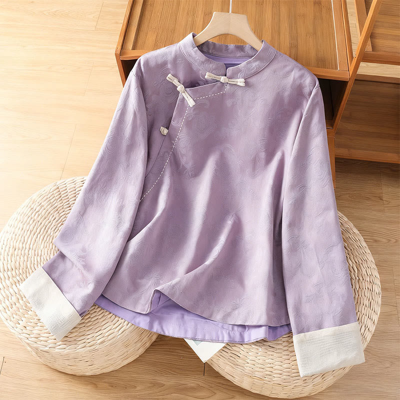 Buddha Stones秋 ジャカード フローラルプリント フロッグボタン スタンドカラー 長袖 レディース コットンシャツ - 梅 - US8-10，UK/AU12-14，EU40-42 (2XL) - image 8