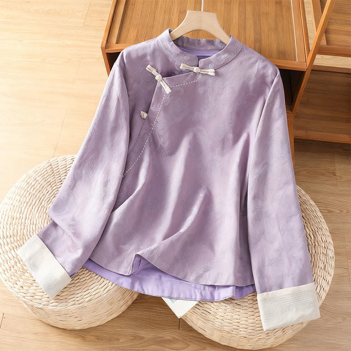 Buddha Stones秋 ジャカード フローラルプリント フロッグボタン スタンドカラー 長袖 レディース コットンシャツ - 梅 - US8-10，UK/AU12-14，EU40-42 (2XL) - image 8