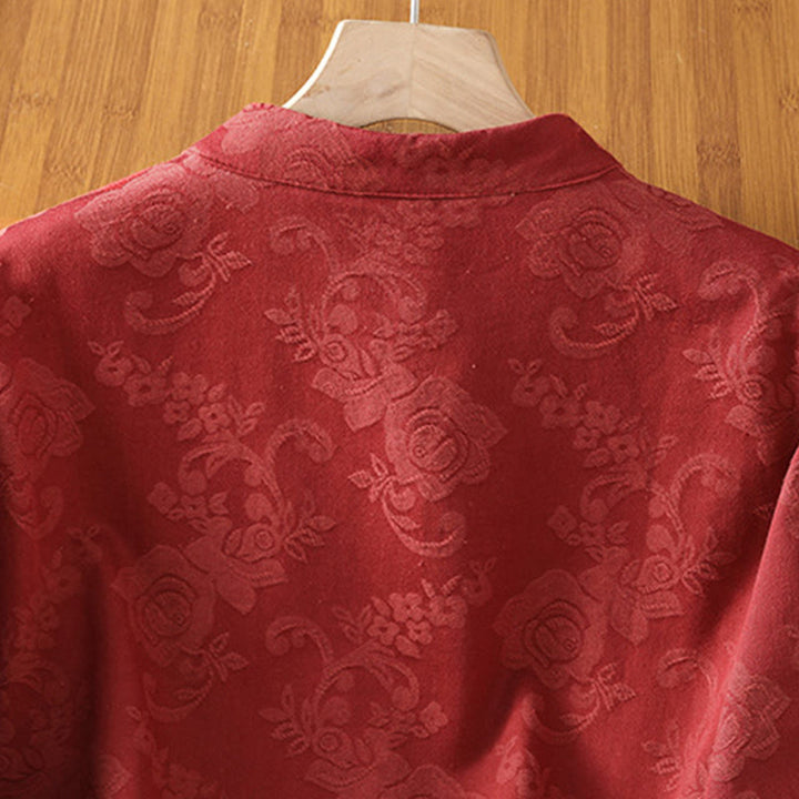 Buddha Stones秋 ジャカード フローラルプリント フロッグボタン スタンドカラー 長袖 レディース コットンシャツ - image 3