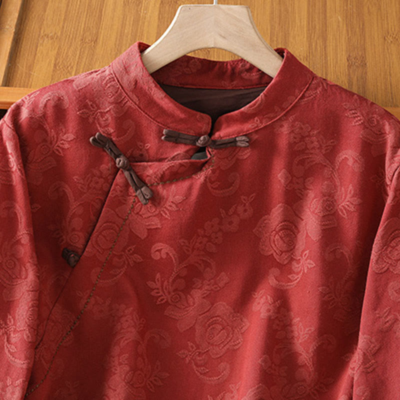 Buddha Stones秋 ジャカード フローラルプリント フロッグボタン スタンドカラー 長袖 レディース コットンシャツ - image 2