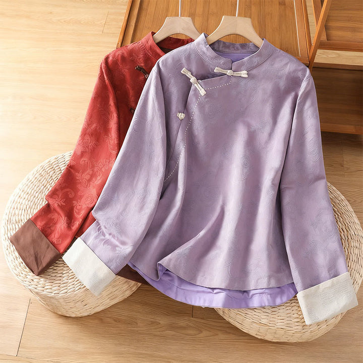 Buddha Stones秋 ジャカード フローラルプリント フロッグボタン スタンドカラー 長袖 レディース コットンシャツ - image 15