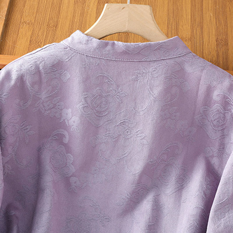 Buddha Stones秋 ジャカード フローラルプリント フロッグボタン スタンドカラー 長袖 レディース コットンシャツ - image 11