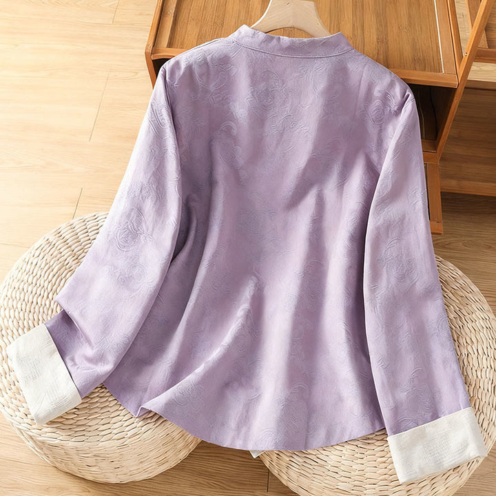 Buddha Stones秋 ジャカード フローラルプリント フロッグボタン スタンドカラー 長袖 レディース コットンシャツ - image 9