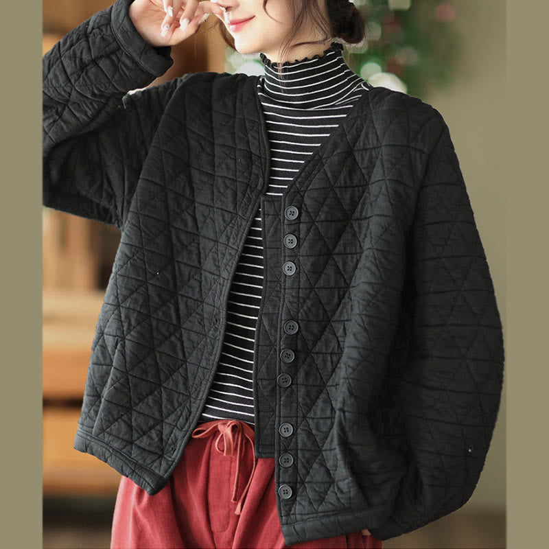 Buddha Stones冬用コットン 長袖 ダイヤモンド柄 レディース サーマルジャケット ポケット付き - image 7