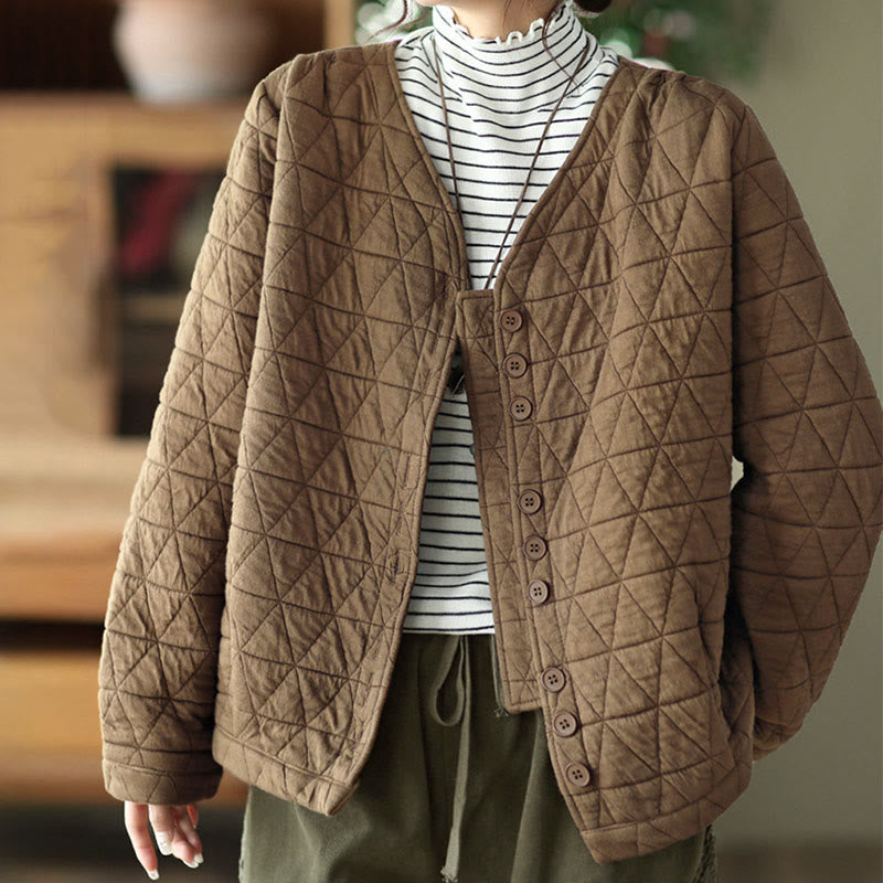 Buddha Stones冬用コットン 長袖 ダイヤモンド柄 レディース サーマルジャケット ポケット付き - image 1