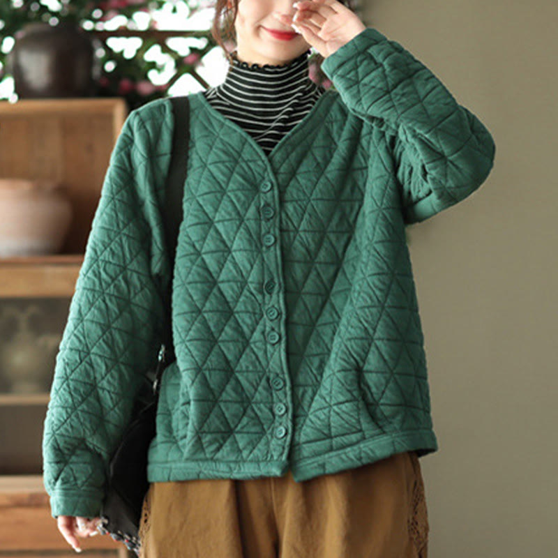 Buddha Stones冬用コットン 長袖 ダイヤモンド柄 レディース サーマルジャケット ポケット付き - image 4