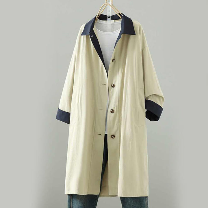 Buddha Stonesの秋のラペルボタンパッチワークデザインレディースコットン長袖コートポケット付き - image 0