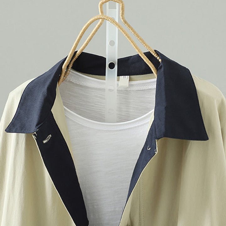 Buddha Stonesの秋のラペルボタンパッチワークデザインレディースコットン長袖コートポケット付き - image 3