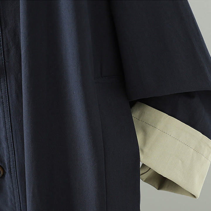 Buddha Stonesの秋のラペルボタンパッチワークデザインレディースコットン長袖コートポケット付き - image 18