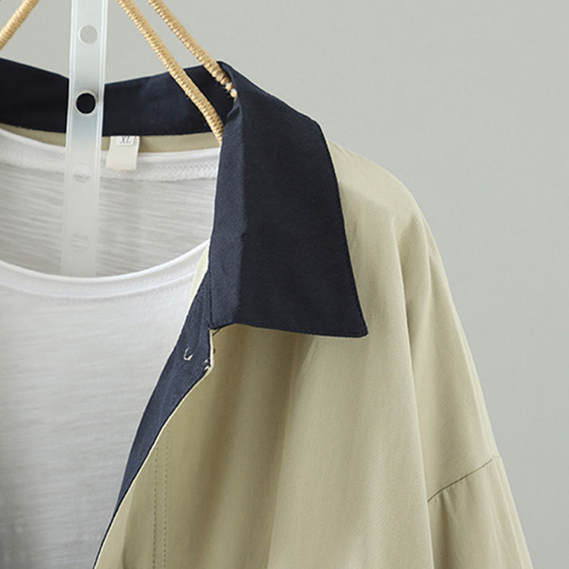 Buddha Stonesの秋のラペルボタンパッチワークデザインレディースコットン長袖コートポケット付き - image 5