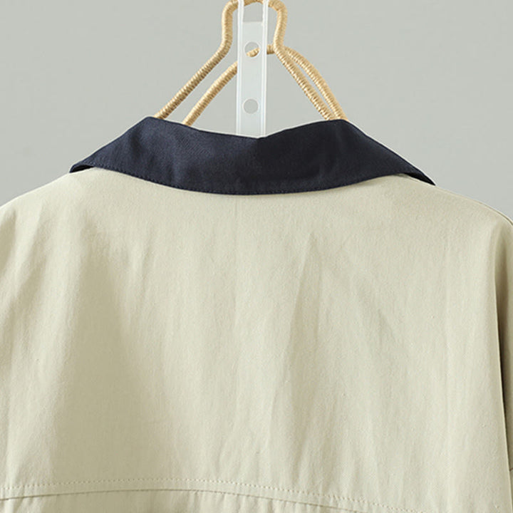 Buddha Stonesの秋のラペルボタンパッチワークデザインレディースコットン長袖コートポケット付き - image 4