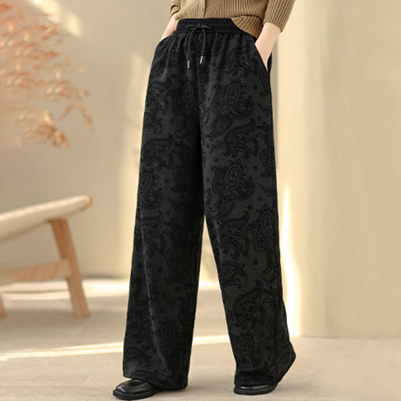 Buddha Stonesジャカード ペイズリー柄 レディース ワイドレッグ サーマル フリース裏地 コットンパンツ ポケット付き - image 6